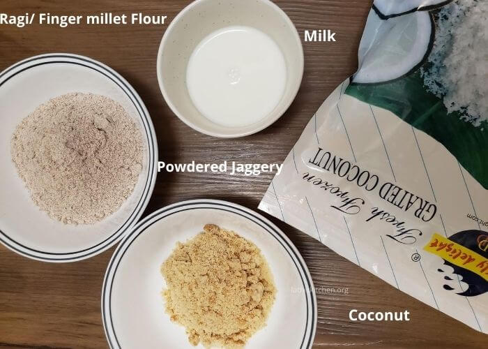 Ingredients used to make Sweet Ragi porridge.