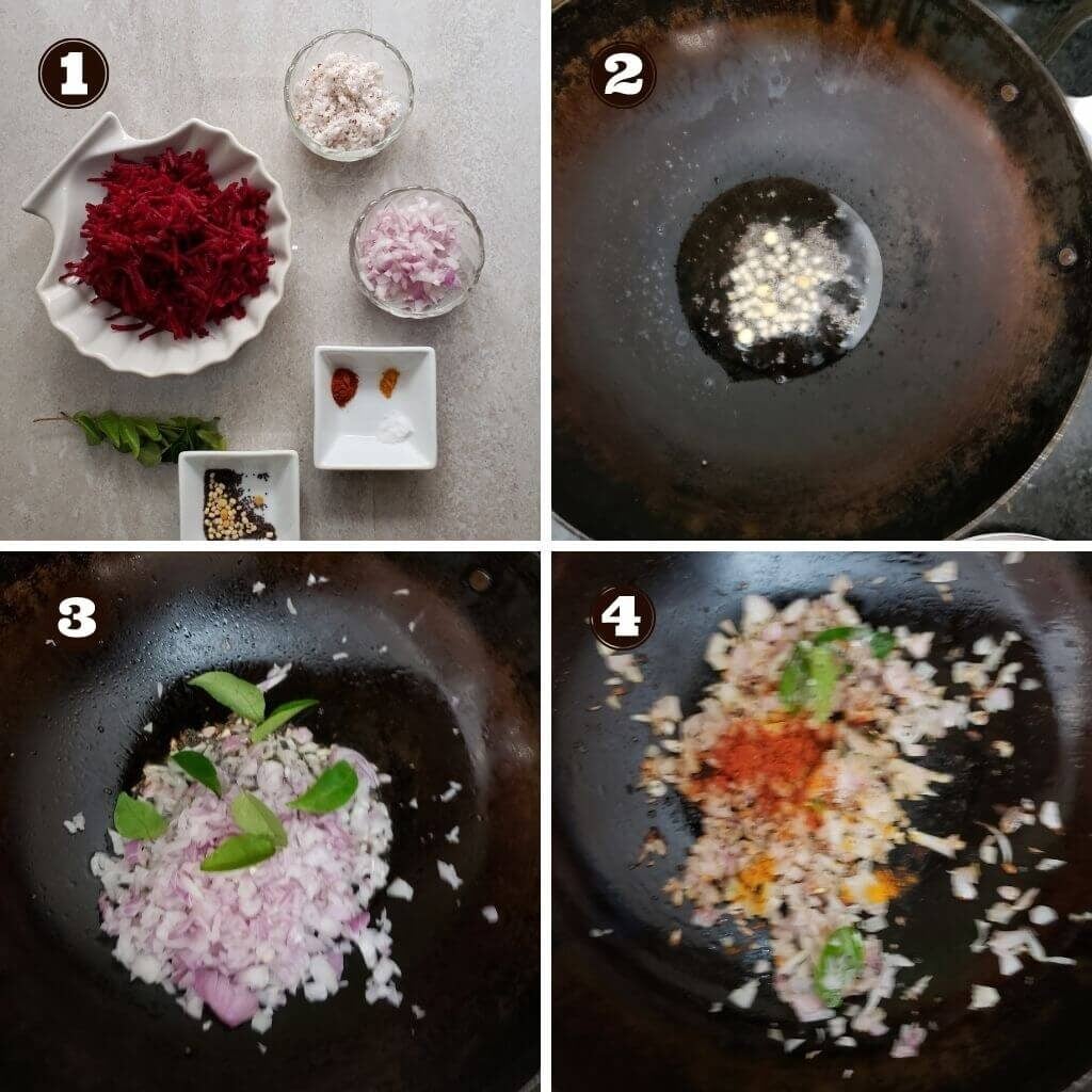 Step wise instructions to make beetroot stir fry with coconut.