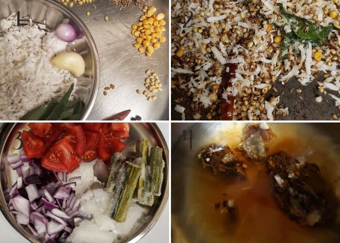 Step wise pictures to make KErala style sambar with coconut.