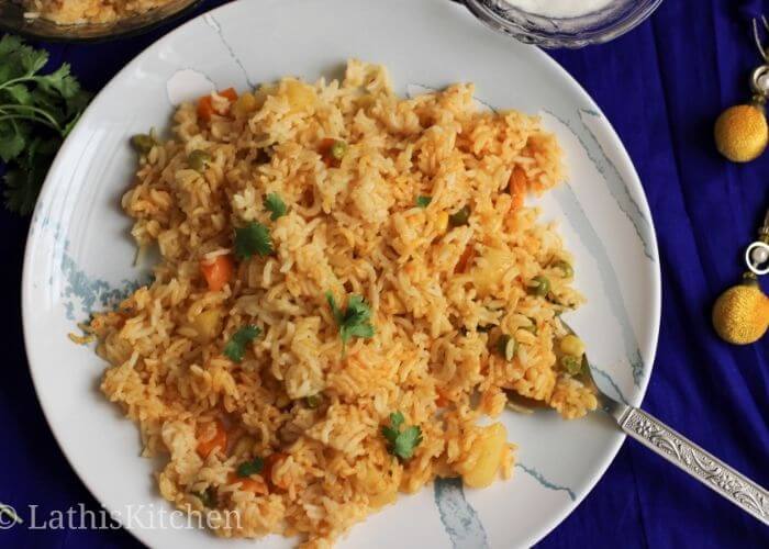 A plate of Instant pot vegetable biryani.