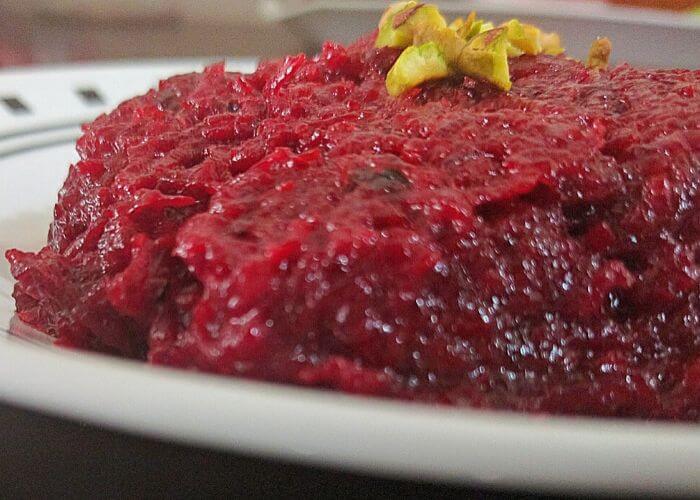 A plate with Beetroot Halwa.