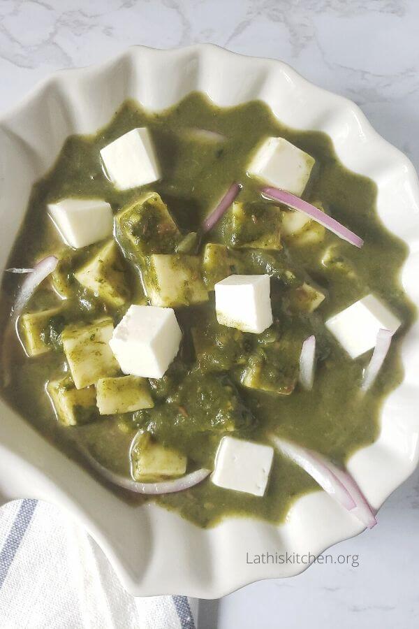 Bowl of Palak paneer.