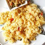 Plate of Lentil rice with scrambled eggs.