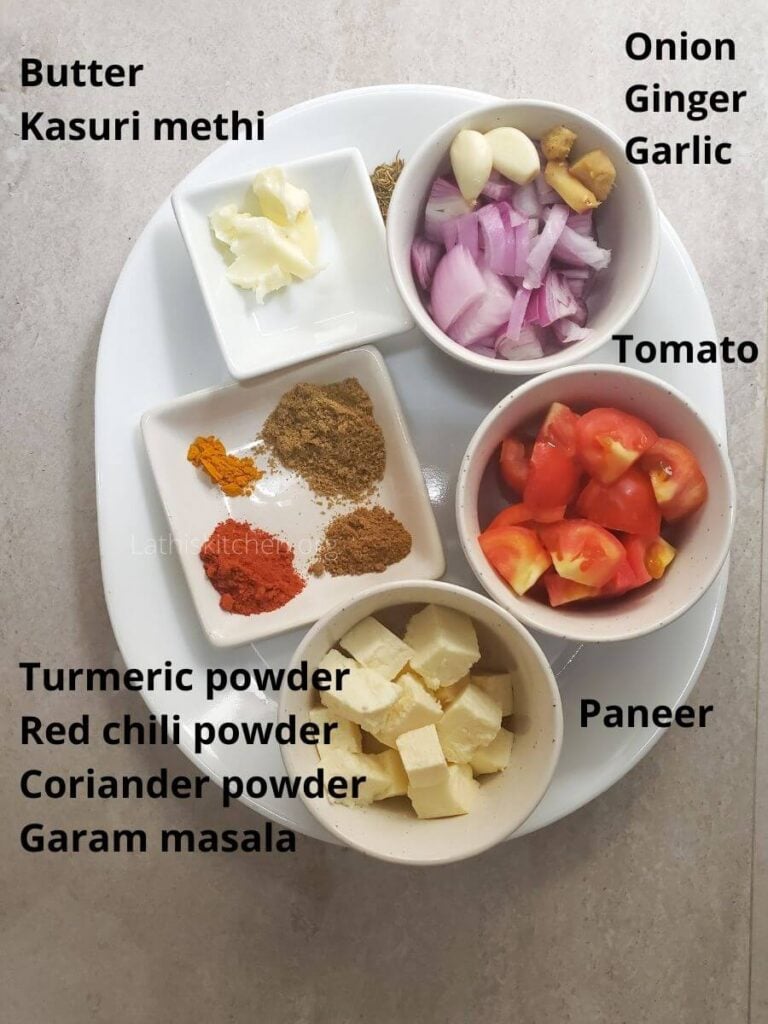 Ingredients required to make butter paneer masala without cream.