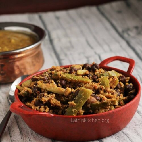 Bowl of black chana tindora masala.