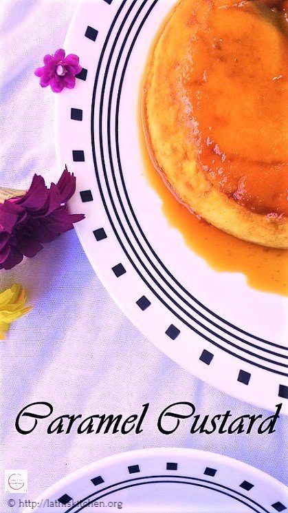 Caramel Custard in a plate with flowers.