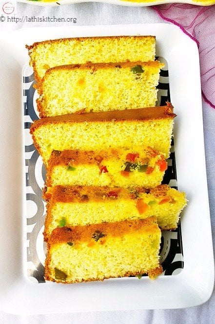 Slices of tuttti frutti cake.