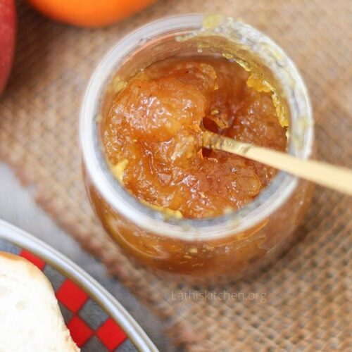 A jar with Instant Pot pineapple jam.