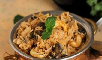 Bowl of easy mushroom biryani.
