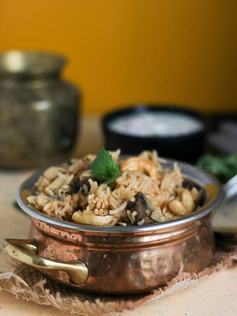 Easy mushroom biryani in a bowl.