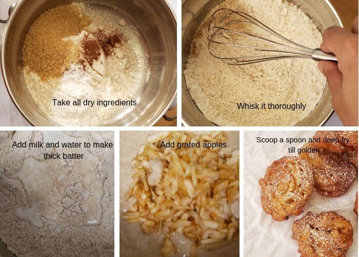 step wise pictures to make apple fritters.