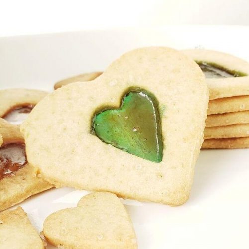 Heart shaped stained glass cookies.