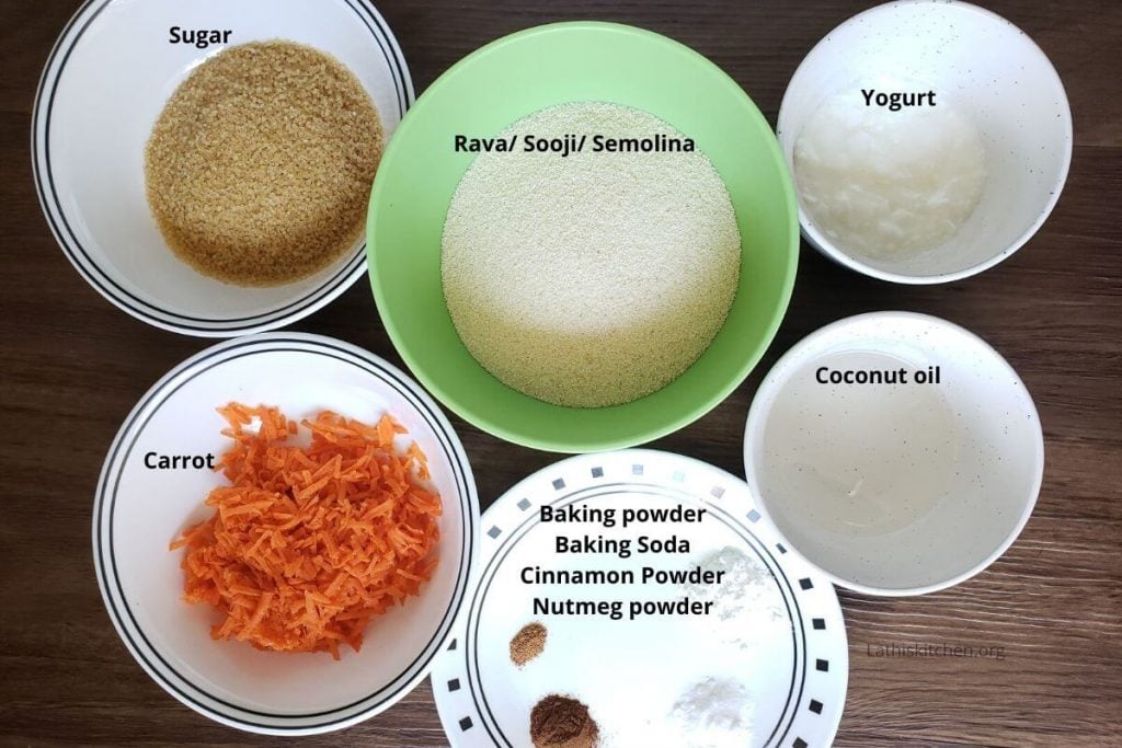Ingredients to make Semolina carrot cake.