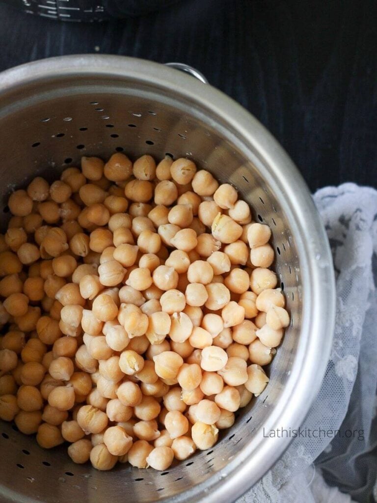 Drained Chickpeas in a colander.