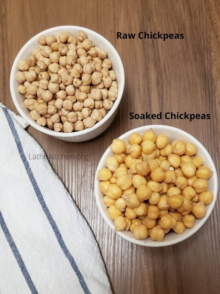 Bowl of raw and soaked chickpeas.