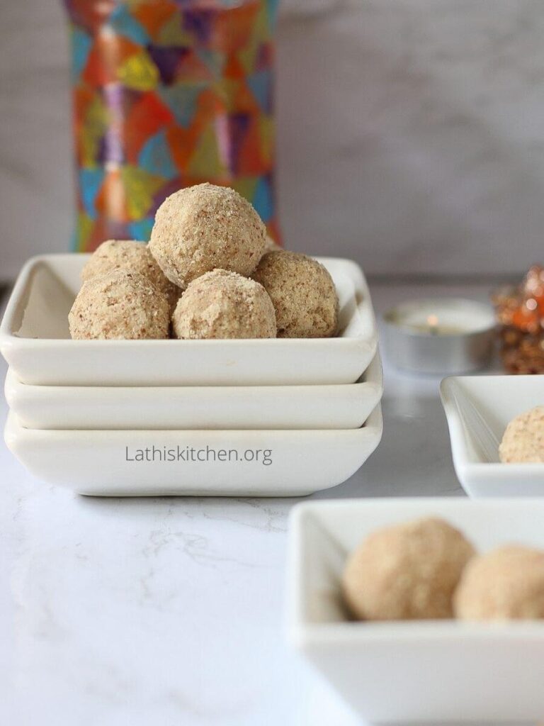 Almond Jaggery Ladoo in a bowl.