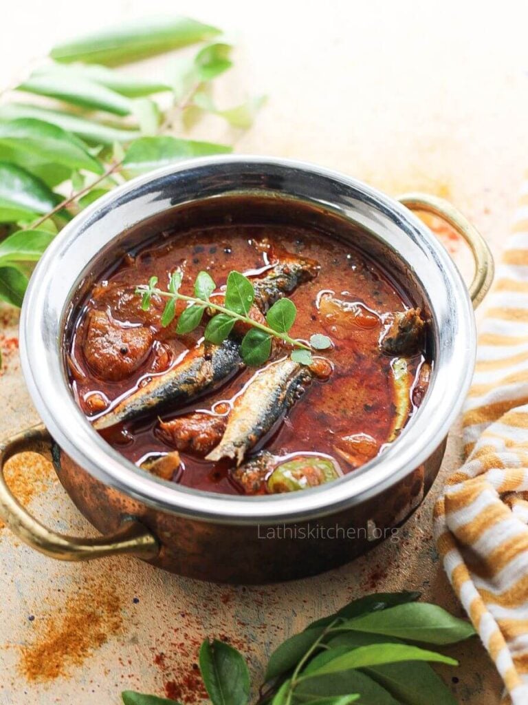A bowl of Kerala style fish curry using sardines.