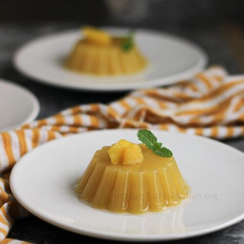 Vegan mango jelly in a plate.