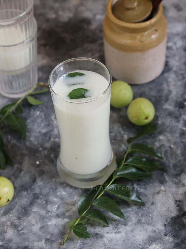 Indian spiced buttermilk in a glass.