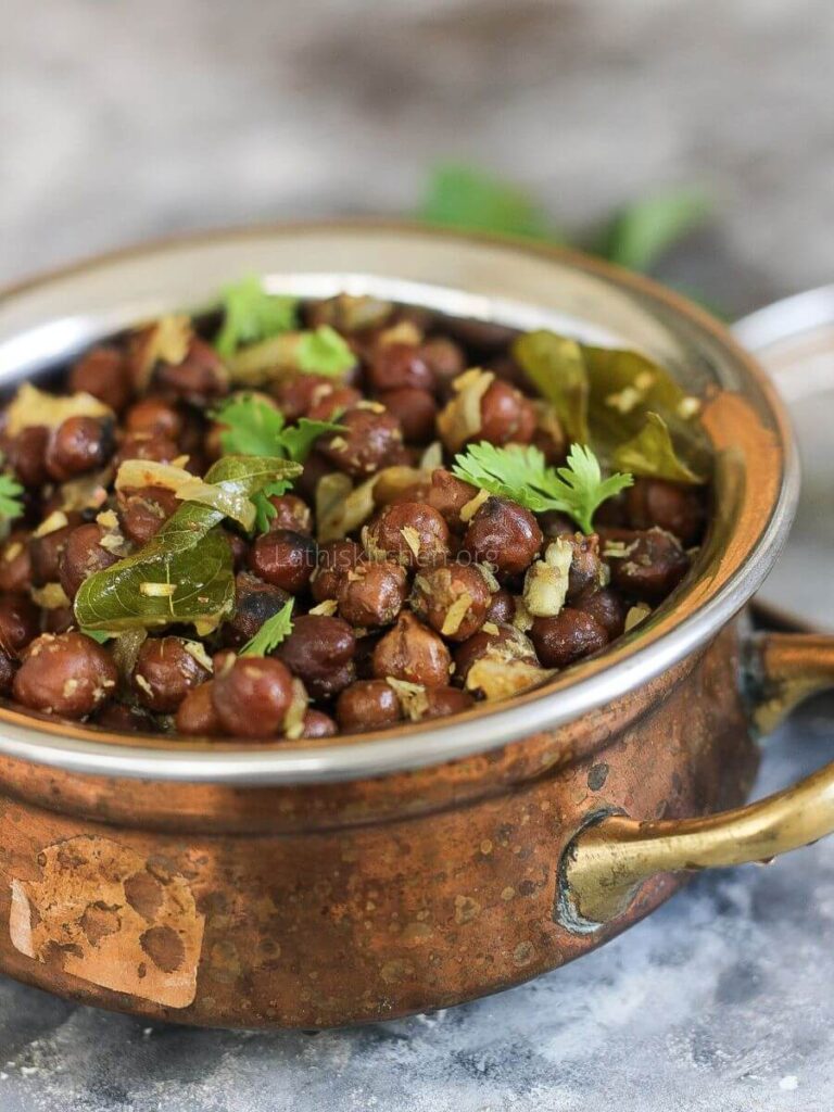 Black channa sundal in a bowl.